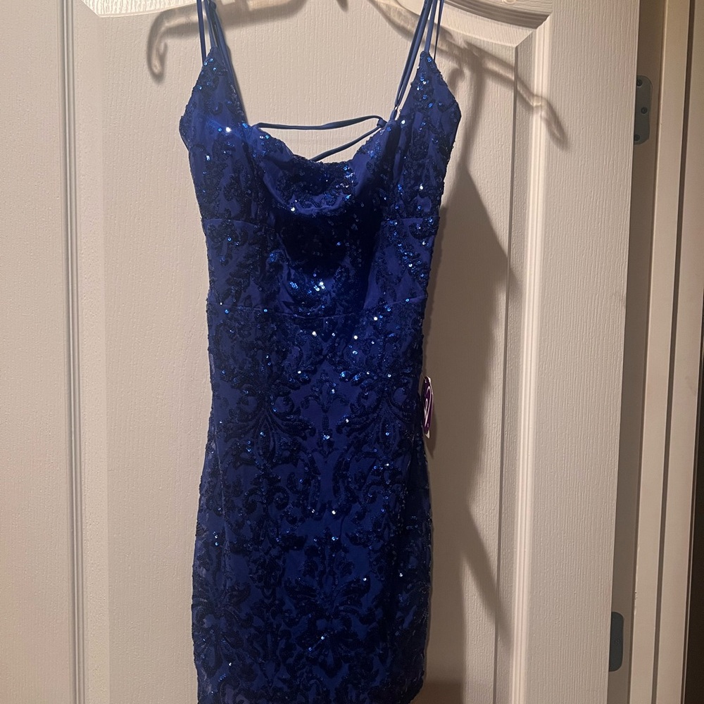 Elegant Short, Blue Sequinwith String up back Dress